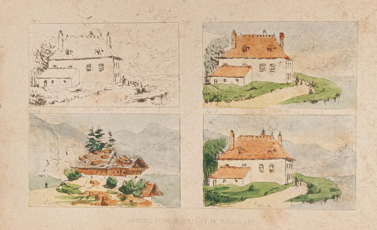 The House is an original lithograph on paper, realized by  E.Laport in about 1860.

The state of preservation is good except for some diffused stains.

Hand-colored.

Plate no.3.

Sheet dimension:  13 x 20.5

The artwork represents attractive