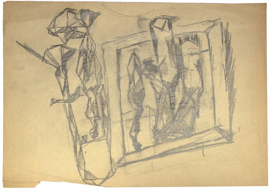 Figures is a modern drawing in pencil on paper realized by Leon Aubert (1824-1906)

Sheet dimension: 24.5 x 34.5

Good conditions except for a cutaway at the lower margin that doesn't affect the artwork.

The artwork represents a scenery designed