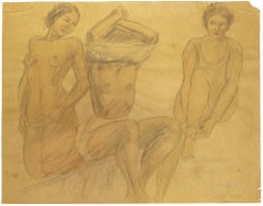 Figures - Original Pencil and Oil Pastel on Paper by O. Roche - 1938