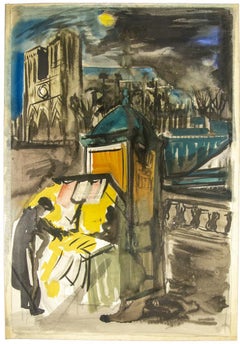 Les Bouquinistes de Notre Dame, Paris - Original Watercolor on Paper - 1950s