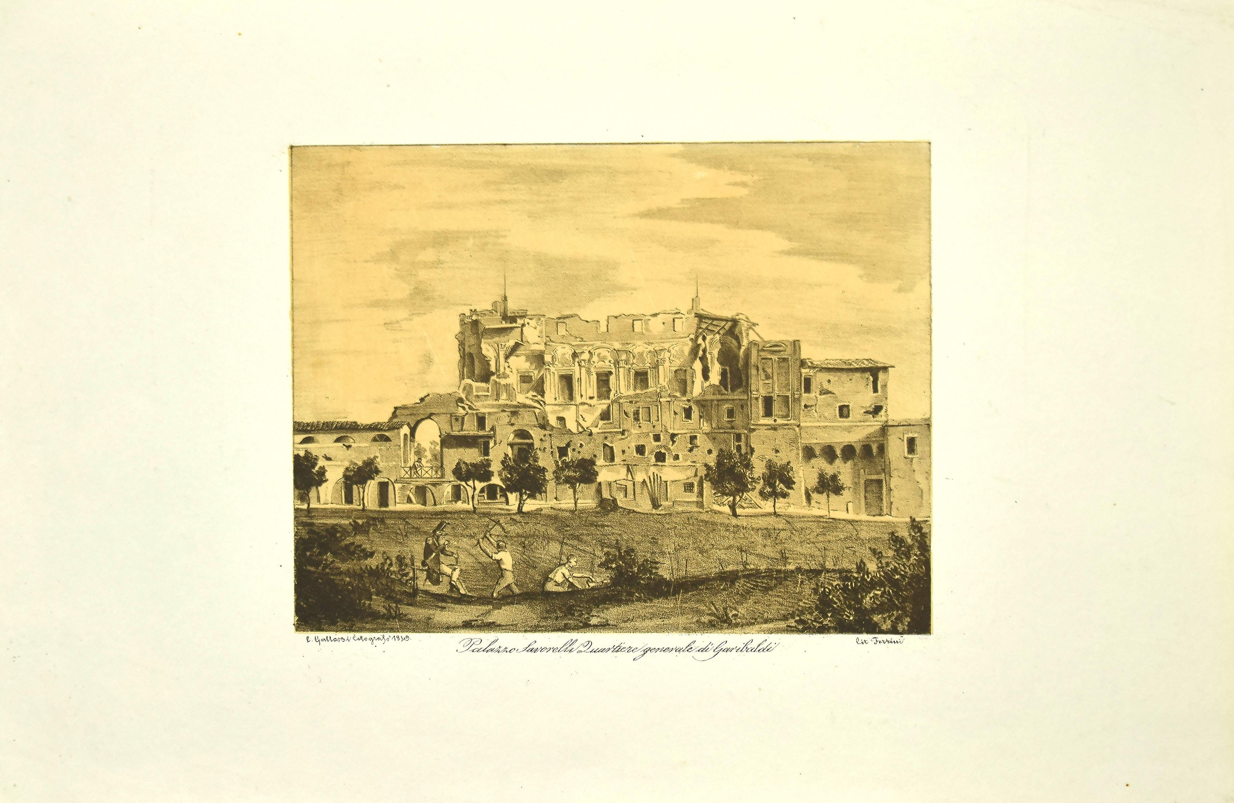 Lithographie du Palazzo Savorelli Quartiere Generale di Garibaldi d'après C. Gallassi - Print de Giuseppe Ferrini