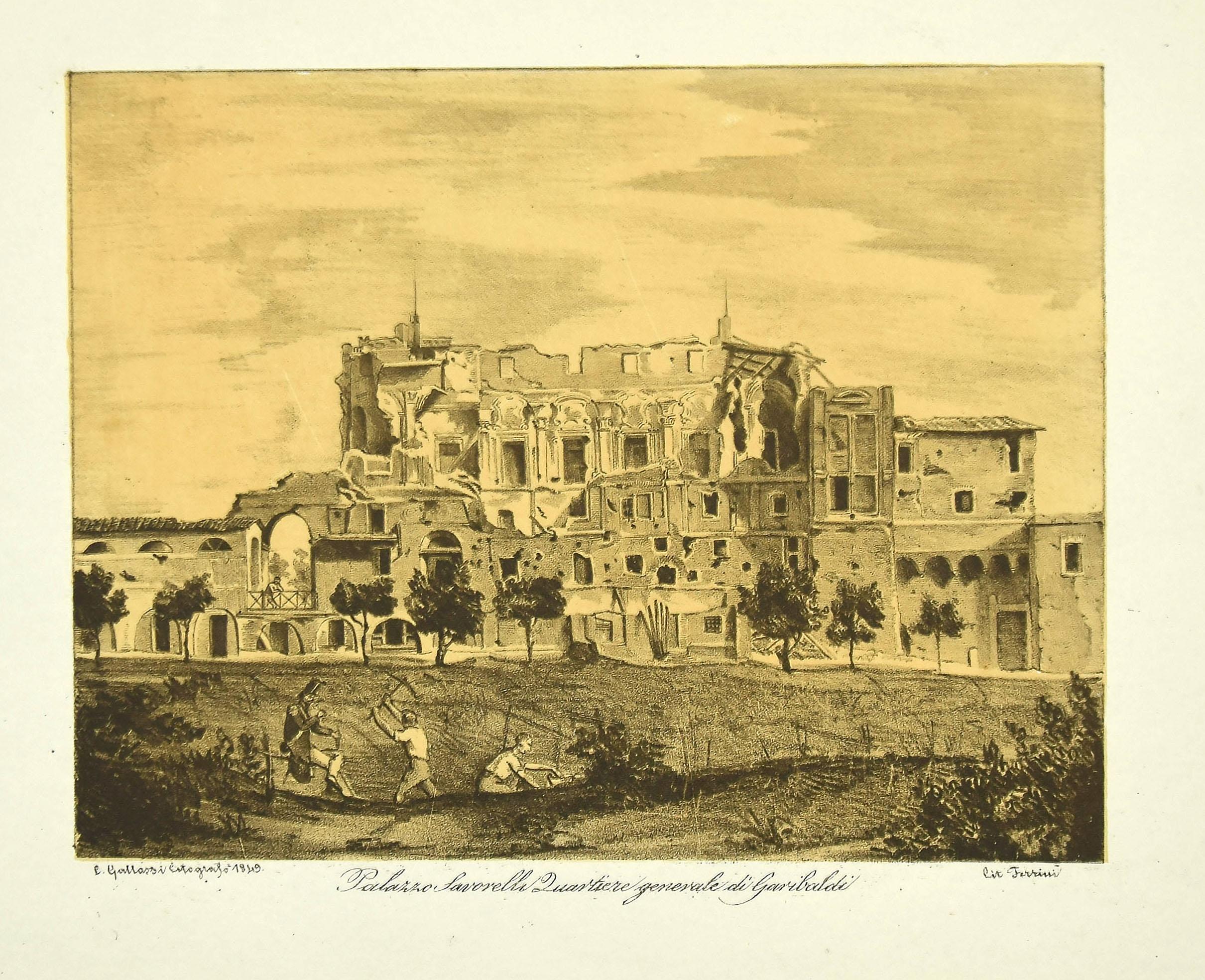 Figurative Print Giuseppe Ferrini - Lithographie du Palazzo Savorelli Quartiere Generale di Garibaldi d'après C. Gallassi