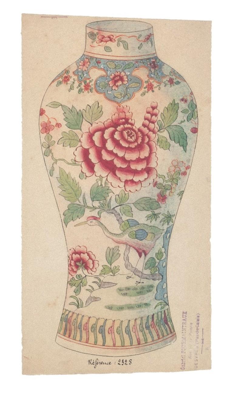 Unknown Figurative Art - Porcelain Vase - Original China Ink and Watercolor - 1890s