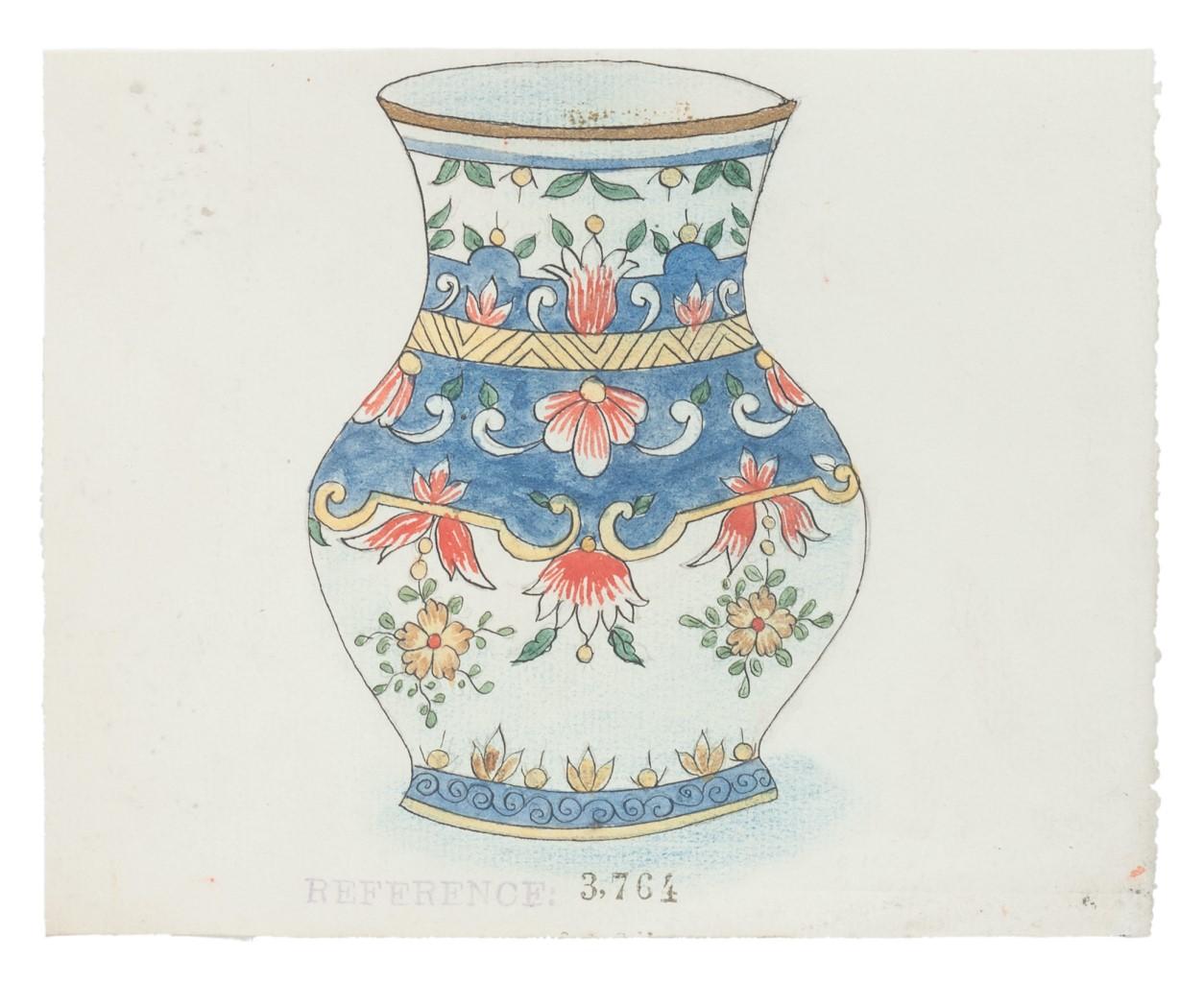 Unknown Abstract Drawing - Porcelain Vase - Original China Ink and Watercolor - 1890s