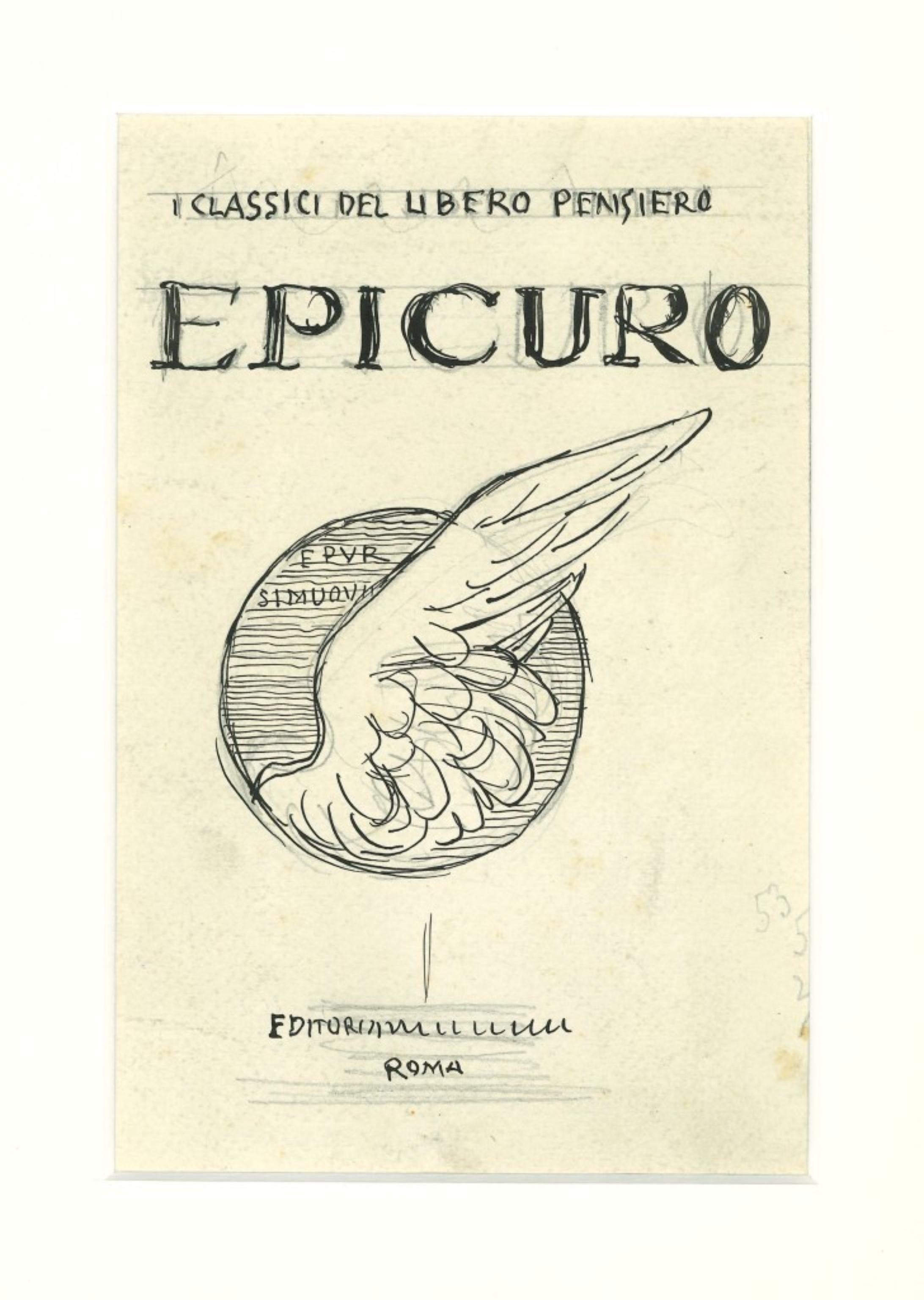 Epicuro is an original drawing in china ink realized as study for a book cover by Gabriele Galantara The state of preservation of the artwork is good.

This artwork represents a central synonym with bird wings.

On the top center there is an