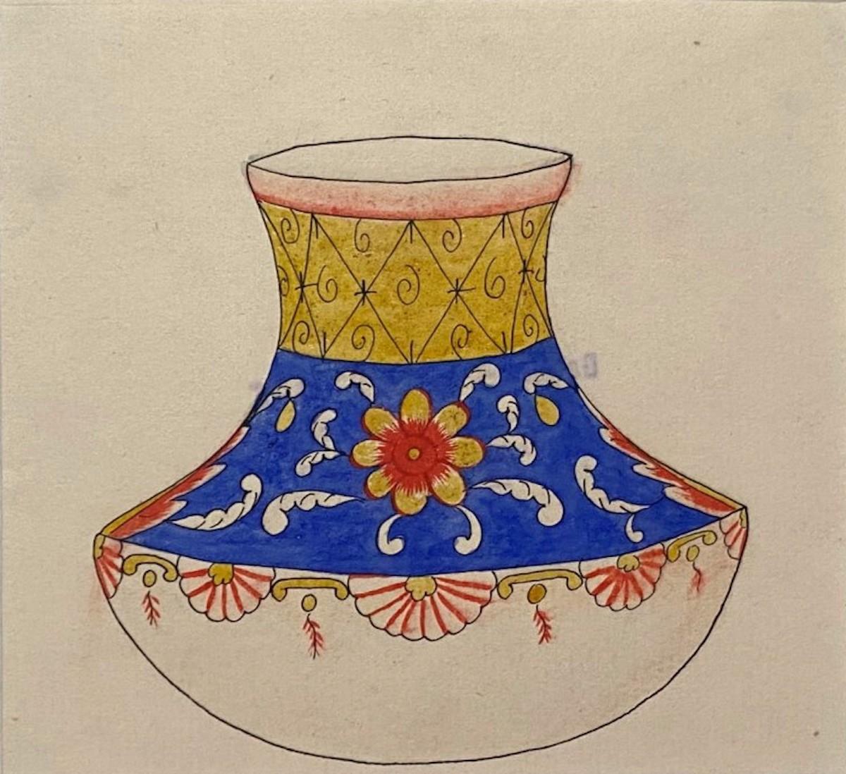 Unknown Figurative Art - Porcelain Vase - Original China Ink and Watercolor - Late 19th Century