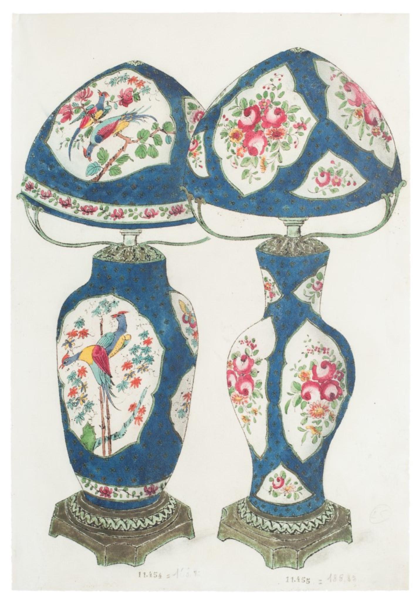 Vase en porcelaine - Encre et aquarelle originales de Chine - années 1890