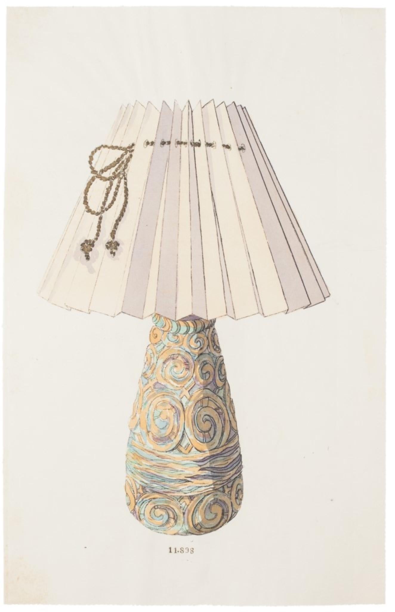 Unknown Figurative Art - Lamp - Original China Ink and Watercolor - Late 19th Century