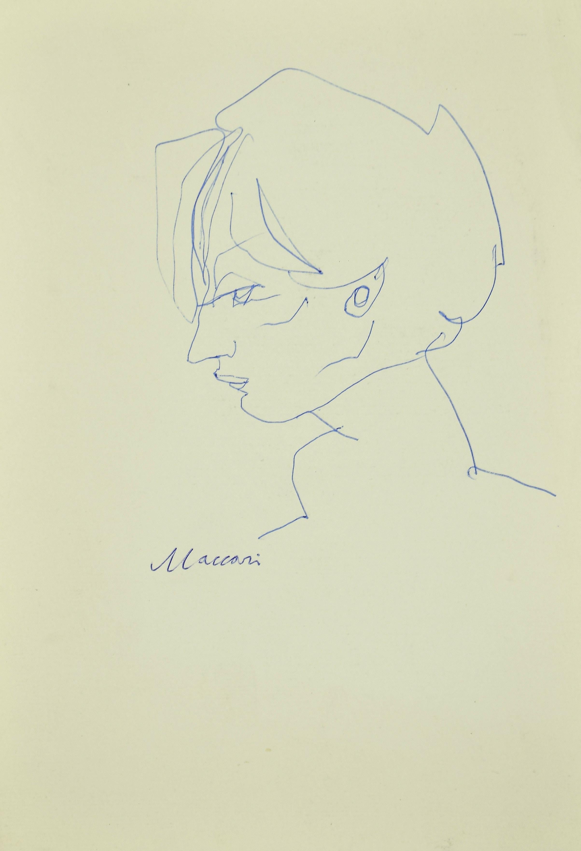 Portrait - Original Pen on Paper by Mino Maccari - 1970s