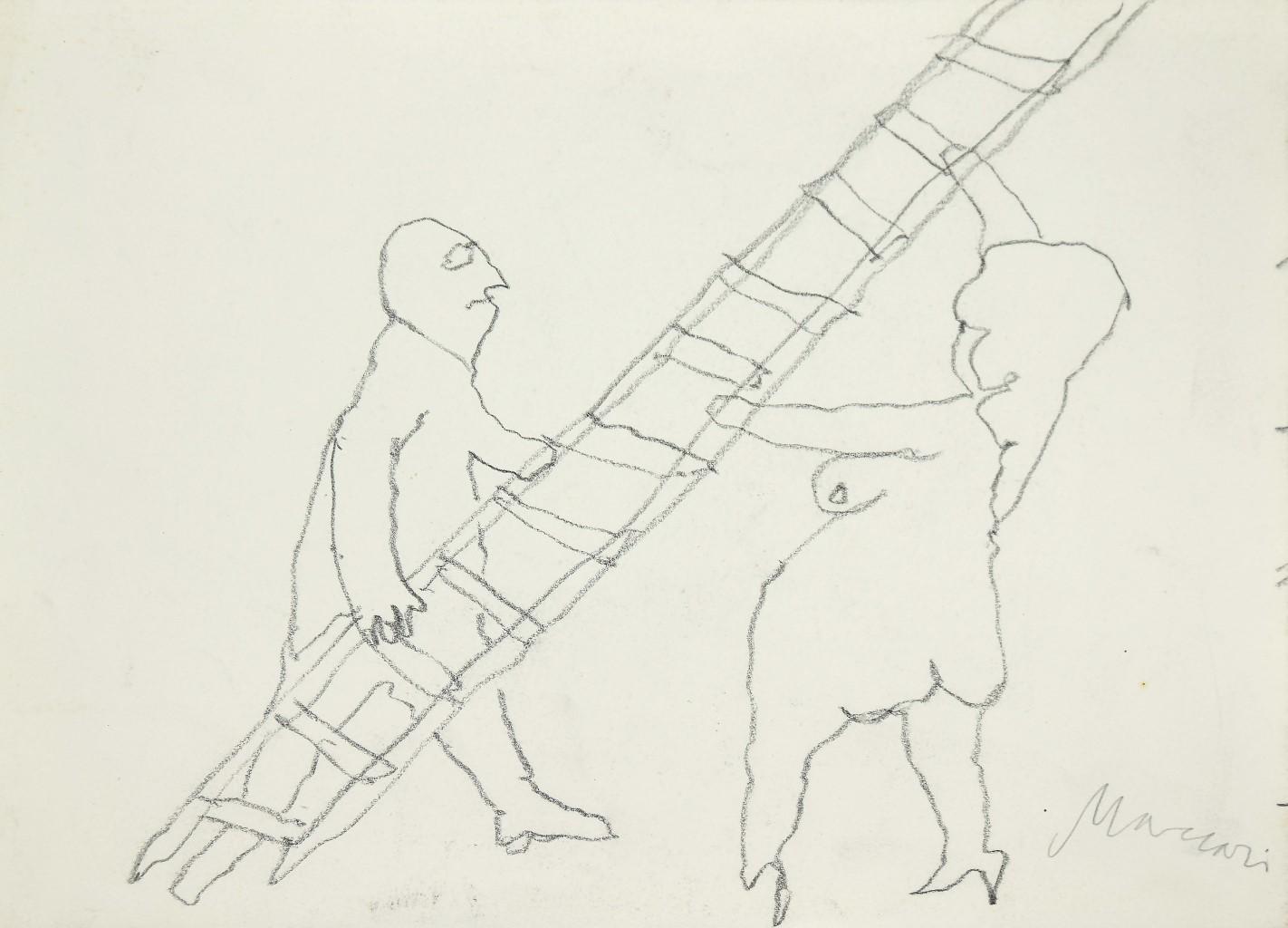 The Ladder is an original modern artwork realized the 1985s by the Italian artist Mino Maccari (Siena, 1898 - Rome, 1989).

Original pencil drawing on Ivory paper. 

Hand-signed in pencil by the artist on the lower right corner: Maccari.

Excellent