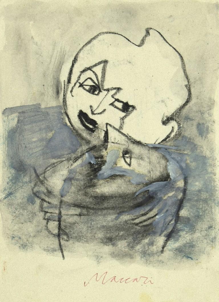 Portrait - Original Pencil and Watercolor on Paper by Mino Maccari - 1985