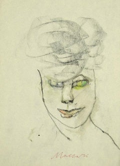 Portrait - Original Charcoal and Watercolor on Paper by Mino Maccari - 1980s