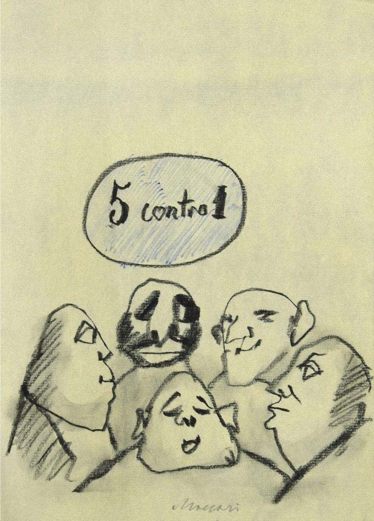 5 Contro 1 is an original modern artwork realized the 1980's by the Italian artist Mino Maccari (Siena, 1898 - Rome, 1989).

Original pencil drawing on Ivory paper. 

Hand-signed in pencil by the artist on the bottom center corner: