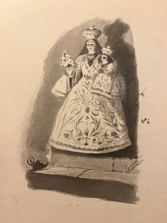 Madonna with Child - Ink and Watercolor by Florisa Cordova - Mid-20th Century