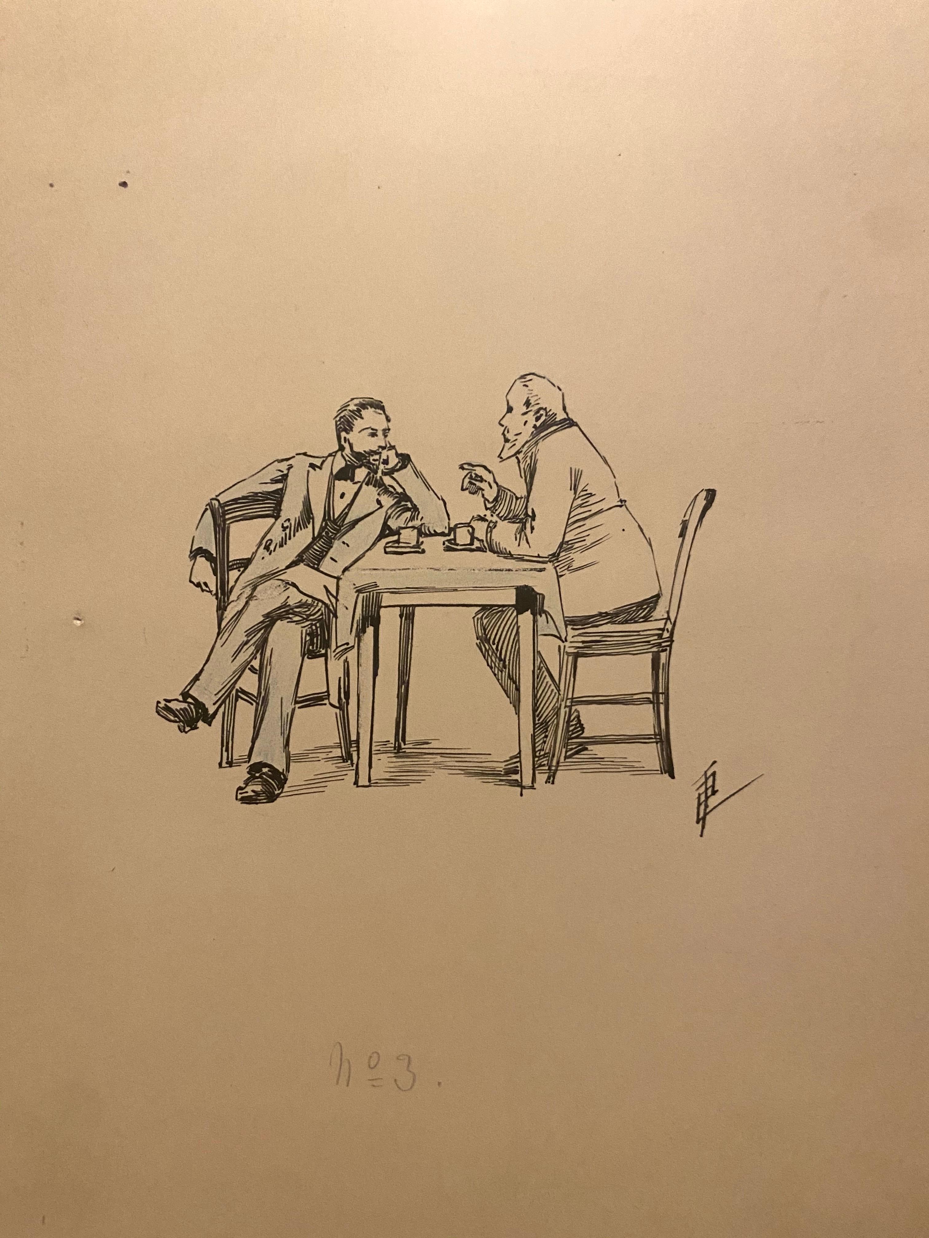 At the Café - Original Ink Drawing by Florisa Cordova - Mid-20th Century