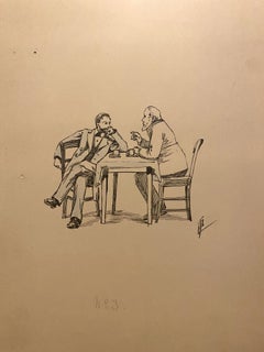 En el Café - Dibujo original en tinta de Florisa Cordova - Mediados del siglo XX