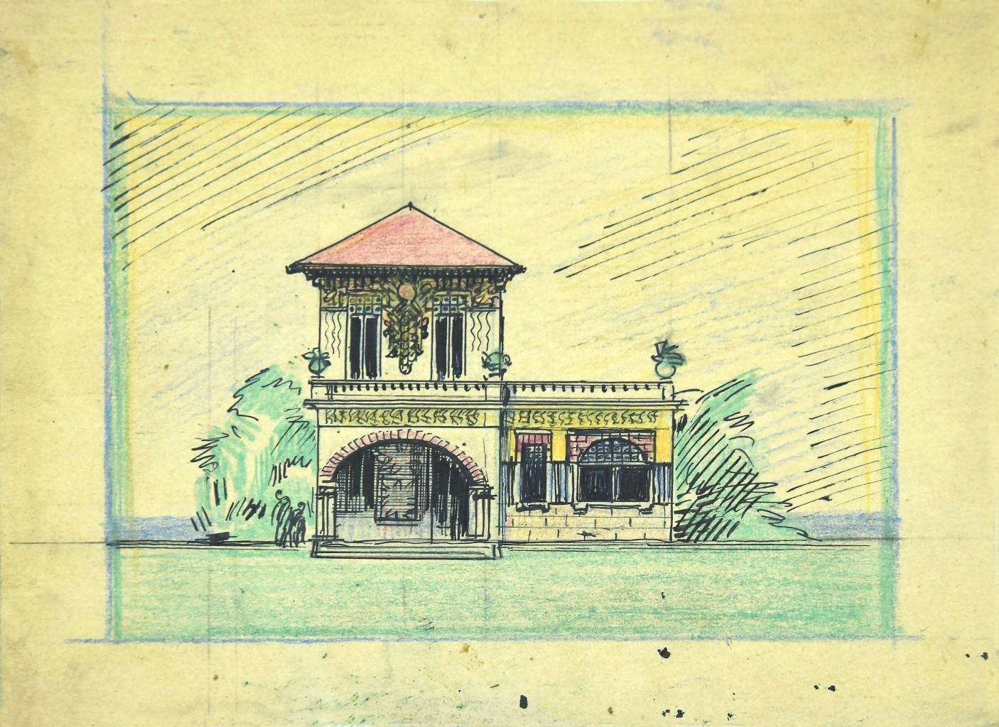Villa - Dessin à l'encre et au pastel de Gabriele Galantara - Début du XXe siècle