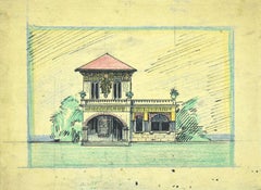 Villa - Dibujo a tinta y pastel de Gabriele Galantara - Principios del siglo XX