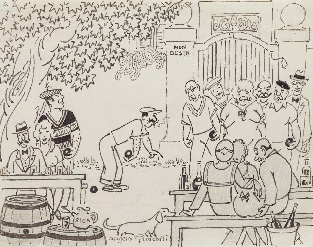 Players of Bocce is an original drawing in pencil China Ink on paper realized by Angelo Griscelli (1893 - 1970)

The state of preservation is good and aged.

Hand-signed on the lower center.

The artwork represents figures playing together.

The