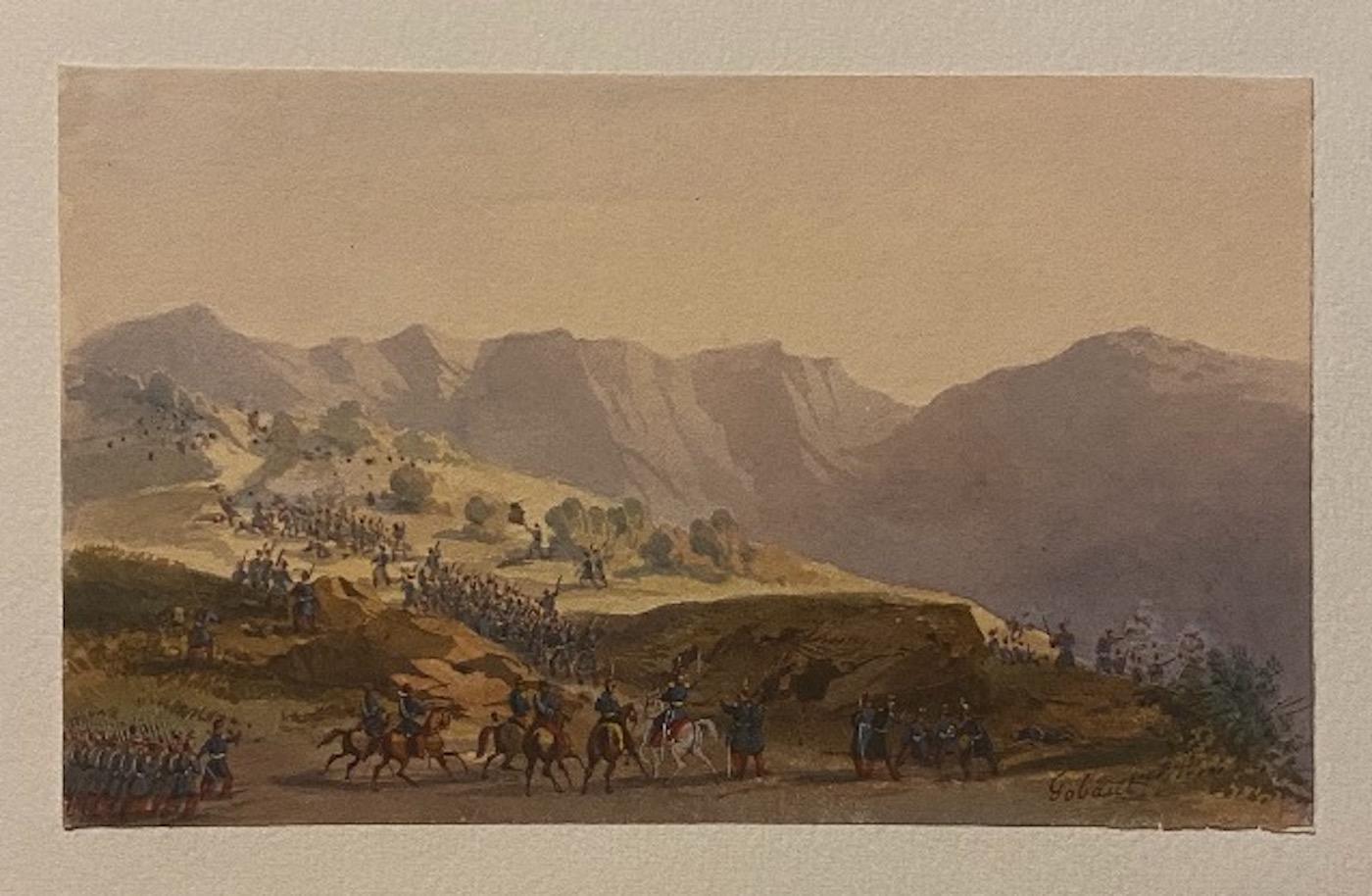 Gobaut Gaspard Figurative Art - Troop Movement - Original Ink and Watercolor by Gaspard Gobaut - 19th Century