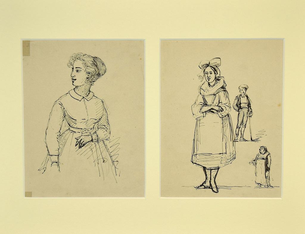 Gobaut Gaspard Figurative Art - Studies of Figures - Original Pen on Paper - 1850s