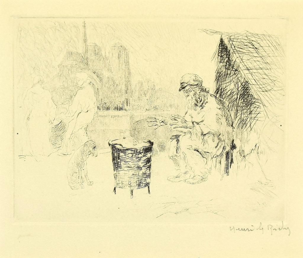 Chestnut Seller ist ein modernes Kunstwerk, das in der zweiten Hälfte des 19. Jahrhunderts von dem französischen Künstler Henri de Rachy geschaffen wurde.

Original-Radierung und Kaltnadel auf Papier. 

Handsigniert in der rechten unteren Ecke mit