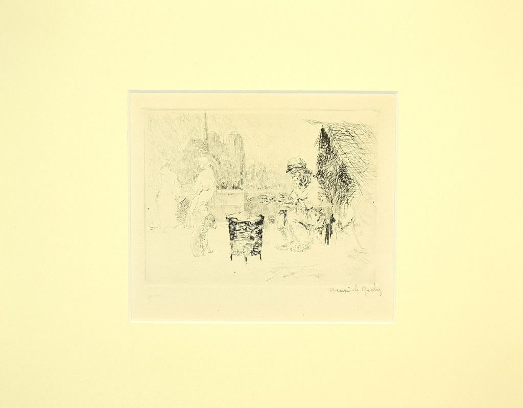 Verkäufer aus Kastanienholz – Original-Radierung und Kaltnadelradierung von Henri de Rachy – 1916 im Angebot 1