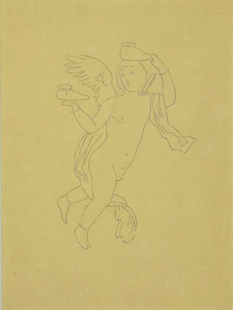 Unknown Figurative Art - The Angel without Shoes - Original Pen Drawing on Paper - 1850s