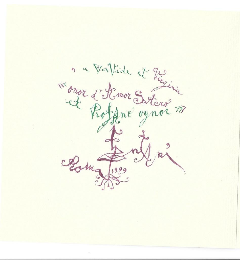 2000 Augury is an happy new year card with autograph notes by Luigi Ontani.. 

A folding card, on laid paper, including the original envelpe. Excellent condition: As good as new.

Realized by the Studio d'arte Raffaelli, Trento, on project of