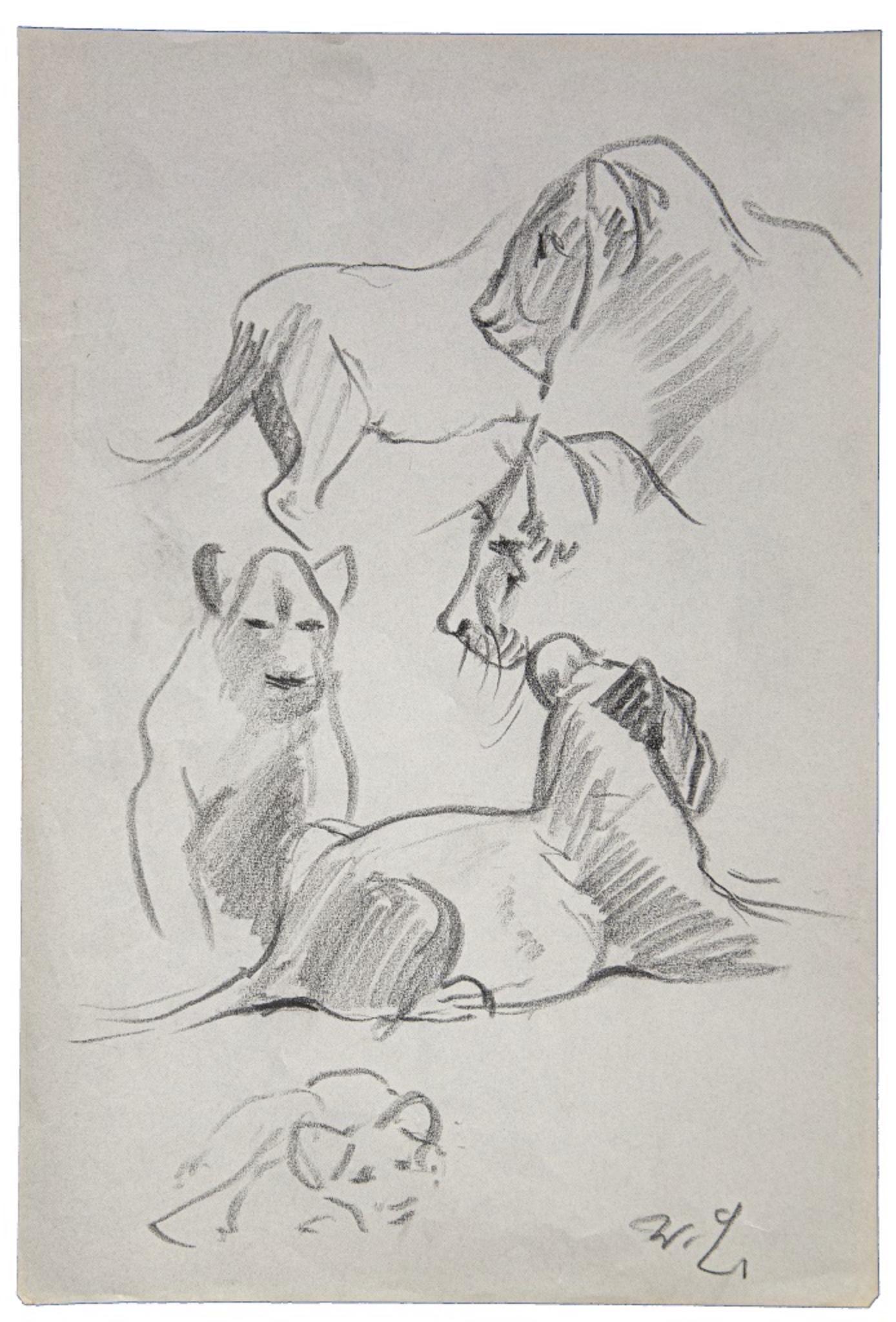 Jeunes lions - dessin original de Wilhelm Lorenz - Milieu du XXe siècle