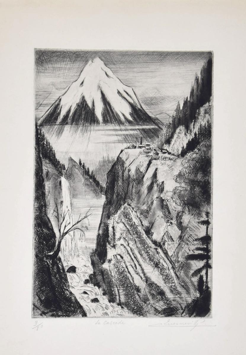Aquarelle - Gravure originale sur papier de Camille Quesneville - Milieu du 20e siècle