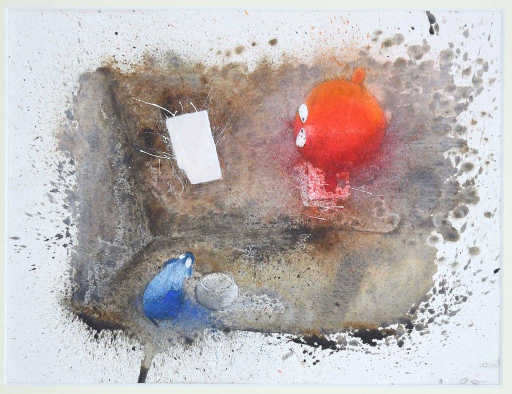 Figurative Art di Unknown - Il gatto e il topo - Guazzo originale su carta - Fine XX secolo