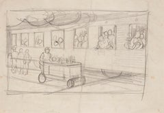 Antique The Station - Original Pencil Drawing by Gabriele Galantara - Early 20th Century