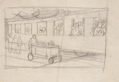 La stazione - Disegno originale a matita di Gabriele Galantara - Inizio XX secolo
