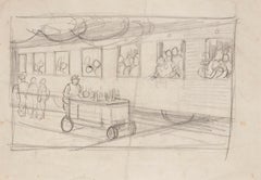 The Station - Original Pencil Drawing by Gabriele Galantara - Early 20th Century