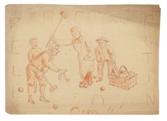 Antique The Croquet - Original Pencil and Pastels on Paper - 19th Century