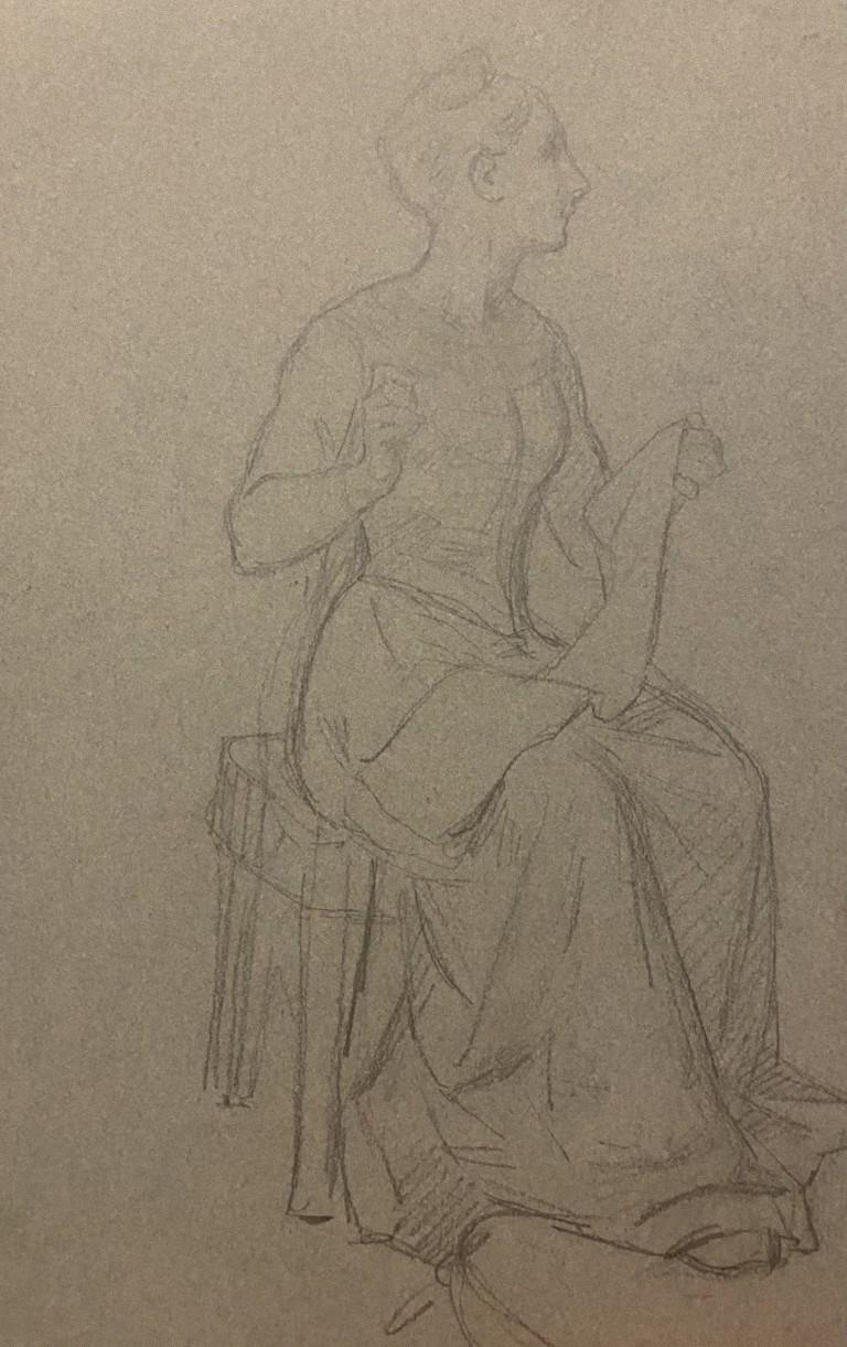 Unknown Figurative Art - The Embroiderer - Original Pencil on Paper - 19th Century
