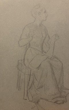The Embroiderer - Original Pencil on Paper - 19th Century
