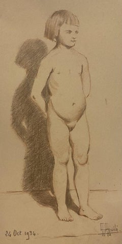 Nude of Little Girl - Original Pencil and Pastels on Paper - Early 20th Century