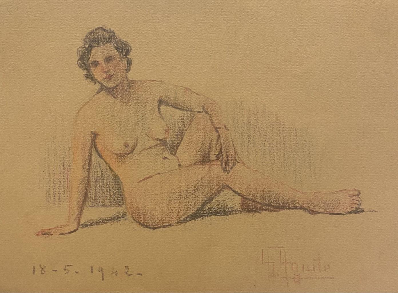 Unknown Figurative Art - Nude of Woman - Original Pencil and Pastels Drawing - Mid-20th Century