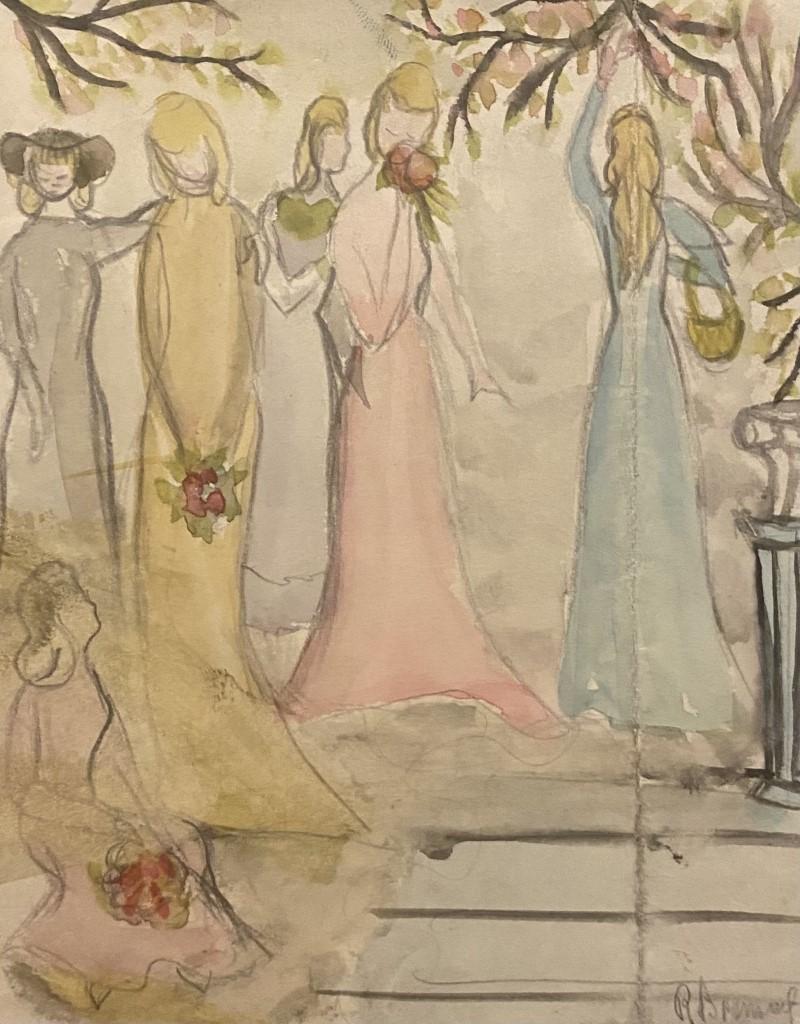Figurative Art di Unknown - Ragazze in giardino - Matita e acquerello originali - Metà del XX secolo