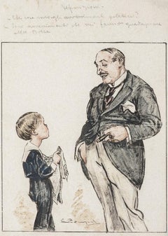 Man and Child - Mixed Media Drawing by Luigi  Bompard - Early 20th Century