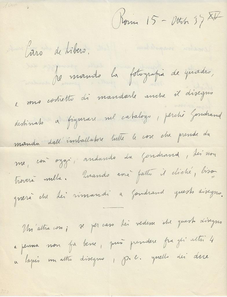 A Pair of Autograph Letters Signed by Gino Severini to the  Italian poet, Libero de Libero. Rome, October, 15th 1937. In Italian. 

The second letter is on watermarked paper. 

Perfect conditions, with the medial folds of paper. Some light abrasion