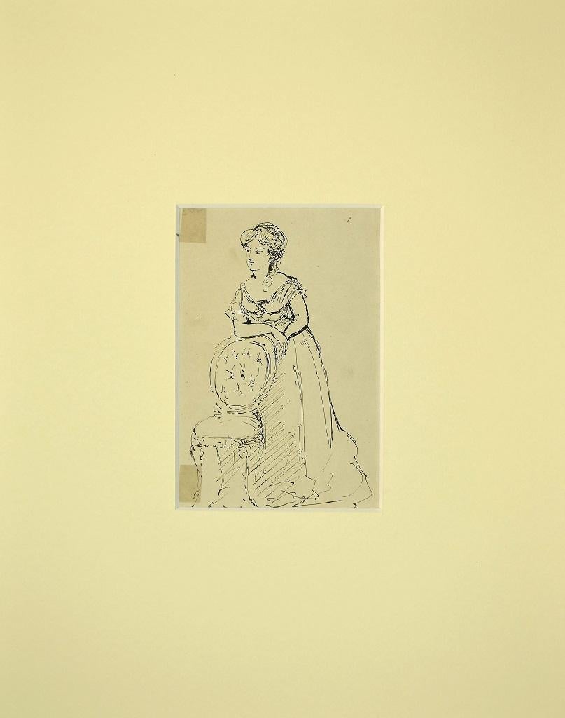 Female Figure with Long Dress - Original China Ink On Paper - 1870s - Art by Unknown