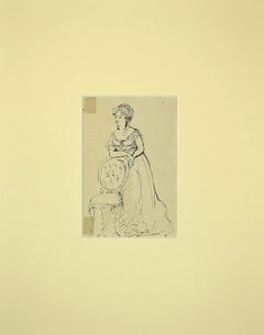 Female Figure with Long Dress - Original China Ink On Paper - 1870s