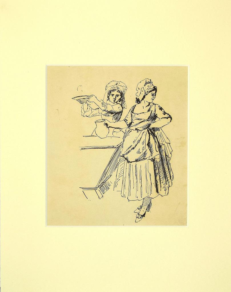 Figurative Art Unknown - Figure de femmes - dessin original au crayon - années 1880