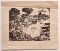 Landscape - Original Lithograph on Paper by Diego Pettinelli - Mid-20th Century