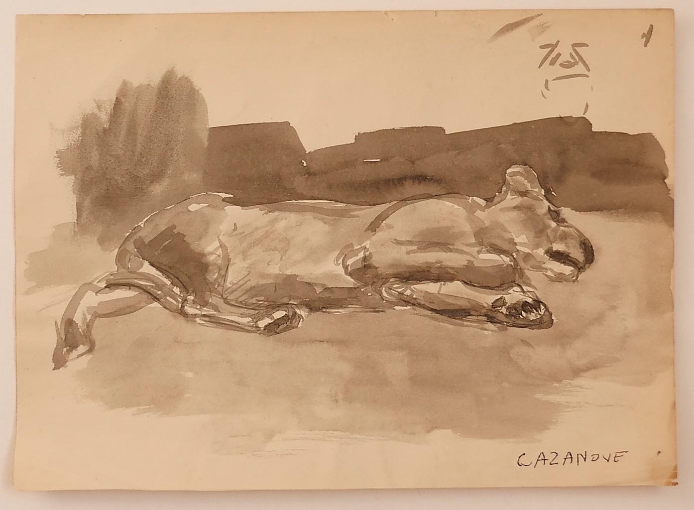 Raymond Cazanove Animal Art - The Dog - Watercolor on Paper by R. Cazanove - Mid-20th Century