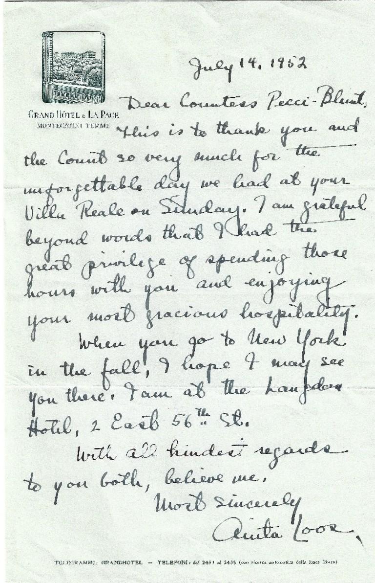 Dies ist ein handschriftlicher Brief von Anita Loos an die Cuntess Anna Laetitia Pecci-Blunt.

14. Juli 1952. Auf Englisch. Unterschrieben.

Ausgezeichneter Zustand: So gut wie neu, einschließlich Originalumschlag.

Ein schöner Gruß- und Dankesbrief