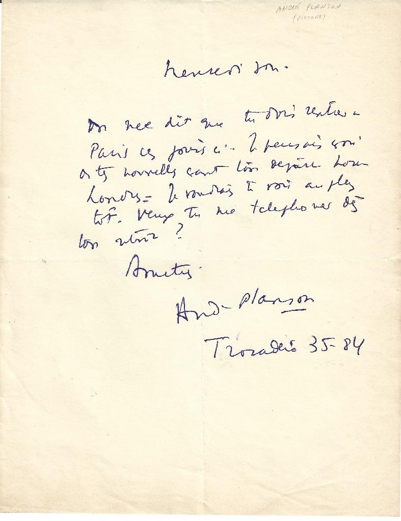 Autograph by Planson - Autograph Letter Signed by André Planson - 1950/6 - Art by Anita Loos